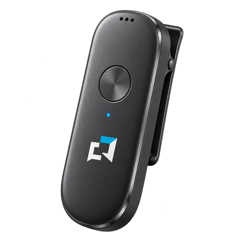 The PatientsHeard clip-on recorder: a small dark device with the PatientsHeard graphic